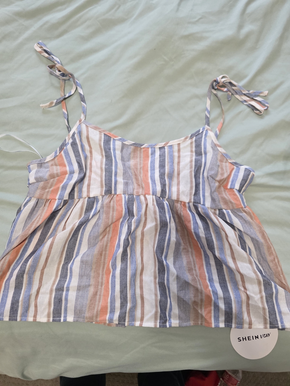 NWT SHEIN Blue, Coral & Cream Striped Tie-Shoulder Cami Size Large